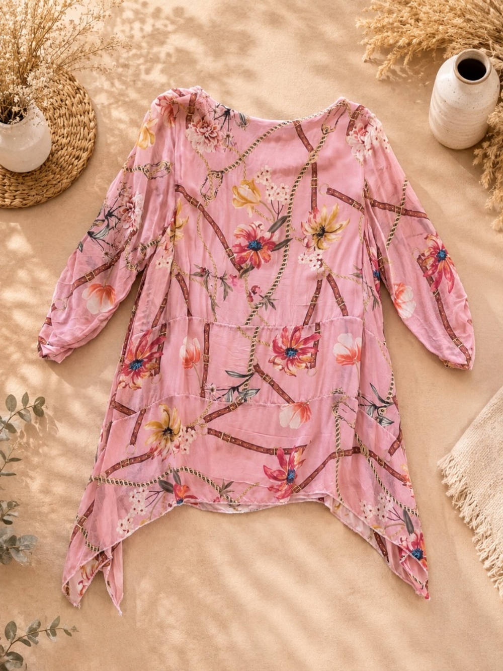 Made in Italy Silk Blend Pink Floral Handkerchief Tunic Top Fits XL